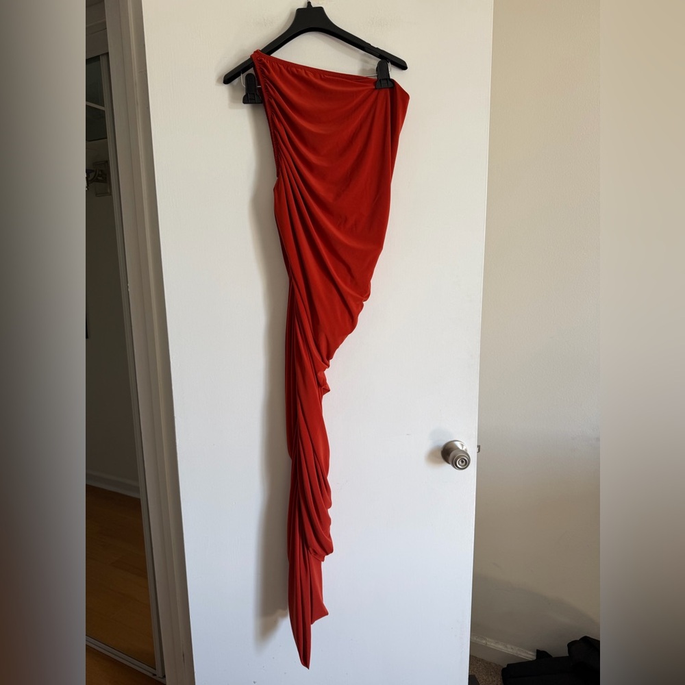 Norma Kamali Red/Orange Cinnamon Diana Gown Midi One Shoulder Dress size S/36 - Picture 4 of 9